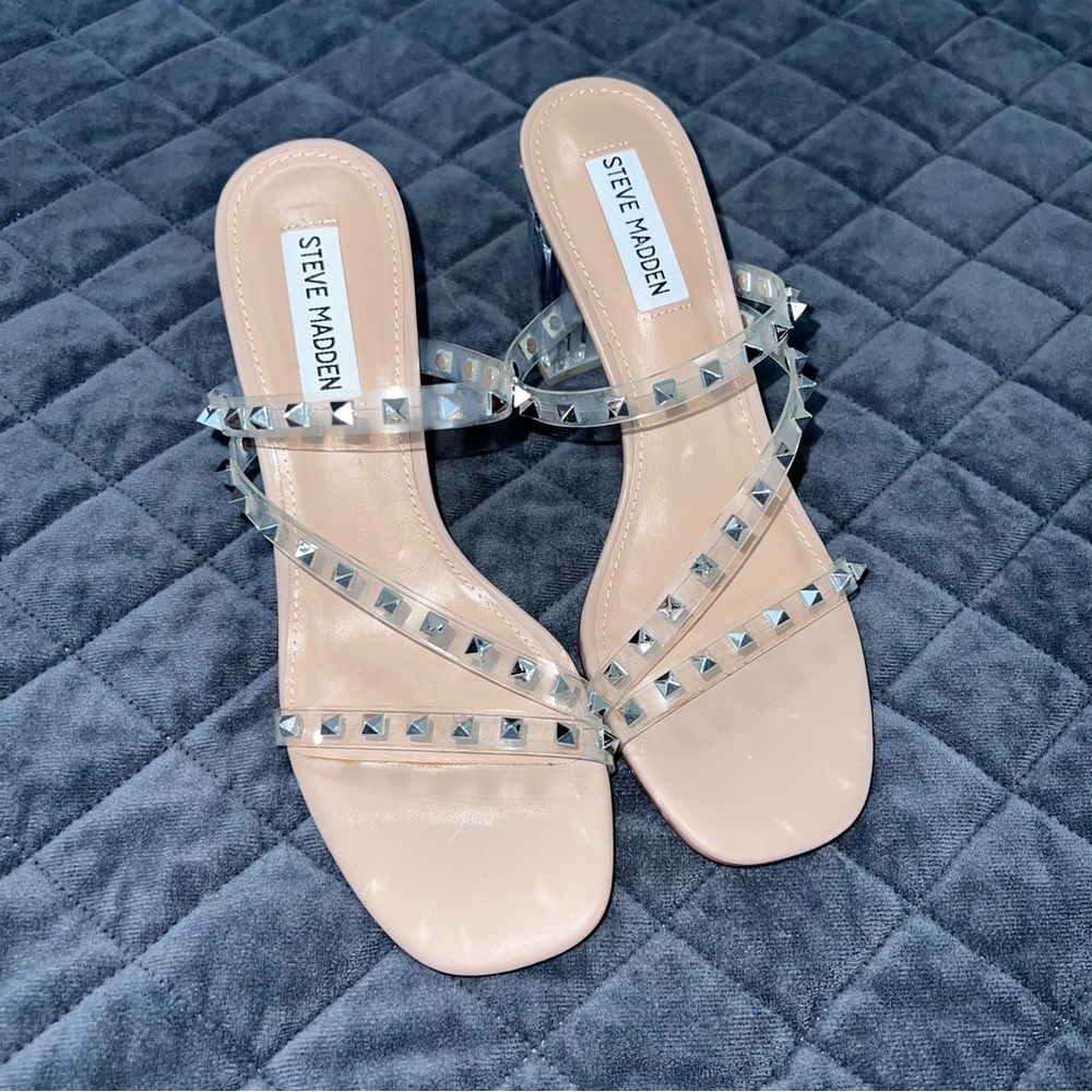 Steve Madden Nude Clear Studded Block Heel Sandals - Picture 2 of 10